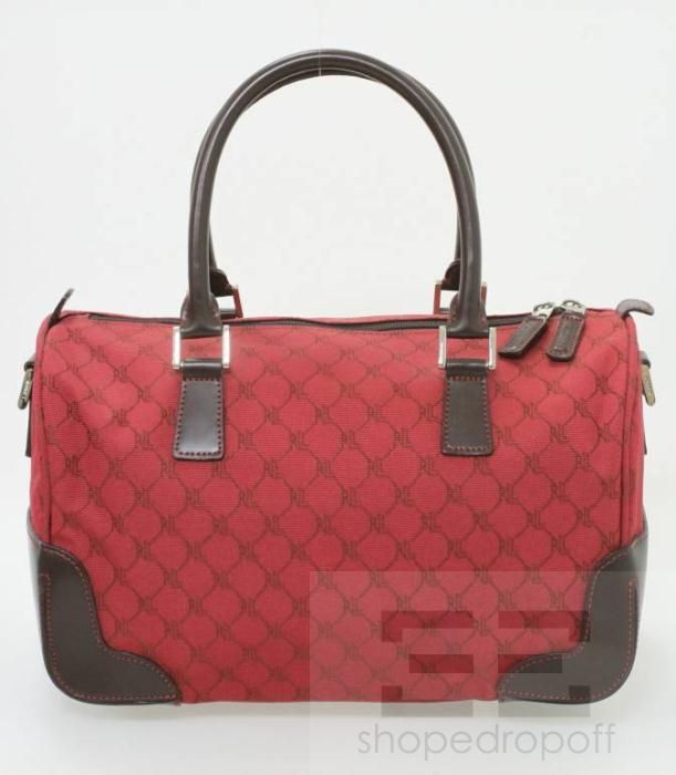 Lauren Ralph Lauren Red Monogram Canvas Leather Trim Handbag  