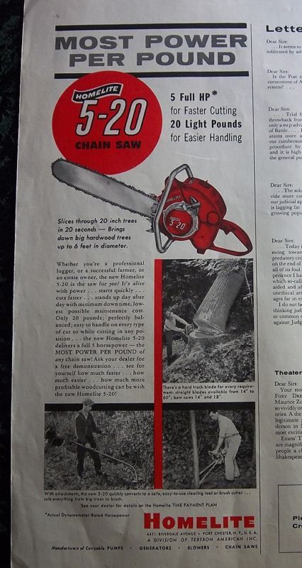 1955 Homelite 5 20 Chain Saw Cutting Tree tool Ad  