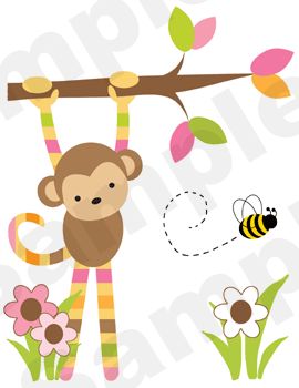 PINK BROWN GREEN JUNGLE ANIMALS MONKEY ZEBRA NURSERY BABY WALL 