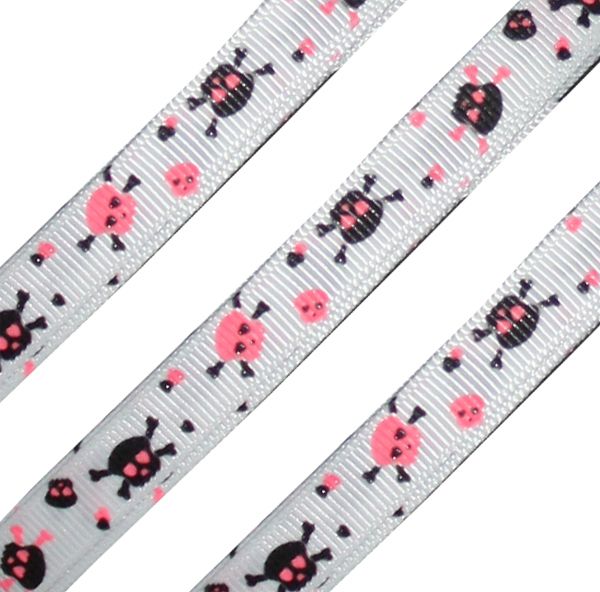   skull Goth Punk pirate pink black white grosgrain ribbon  