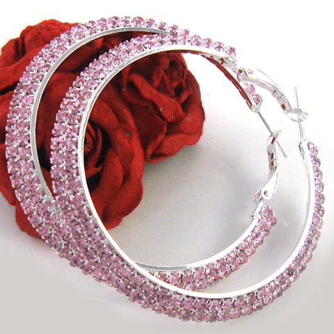 Light Pink Crystal Circle Round Hoop Post Earrings e117  