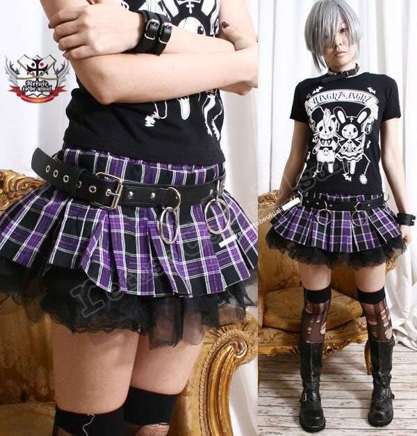 AVRIL Punk PUFFY Pleated SKIRT+BLK SHORTS PURPLE TARTAN  