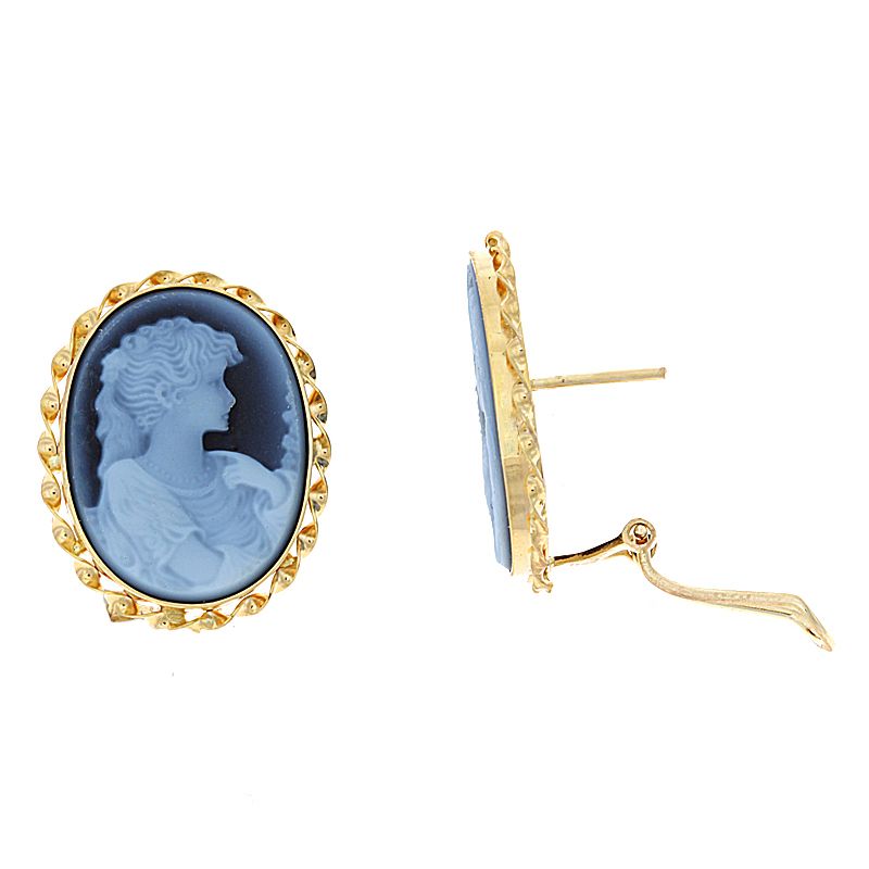 14KT YELLOW GOLD   BLUE AGATE LADY VICTORIAN EARRINGS  