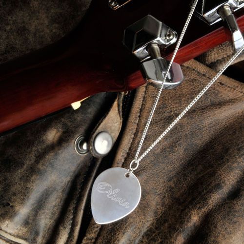 Sterling Silver Guitar Pick Pendant Necklace Engraved  