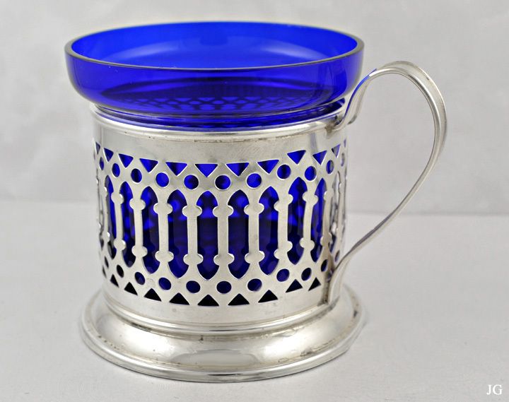 Sterling Silver Openwork Cup w/ Blue Glass Insert  