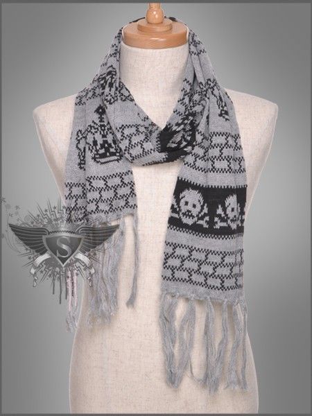 MS Gray Brown Skull Crown Pattern New Men Scarf Wrap Shawl Neck Tassel 