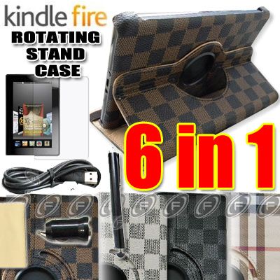 Purple  Kindle Fire Leather Case/Stylus/Car Charger/USB Cable 