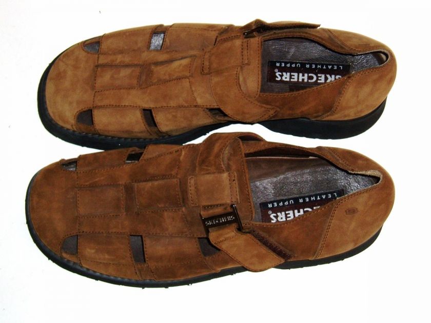 LN Mens Skechers 12 Brown Leather Top Buckle Sports Sandals Excellent 