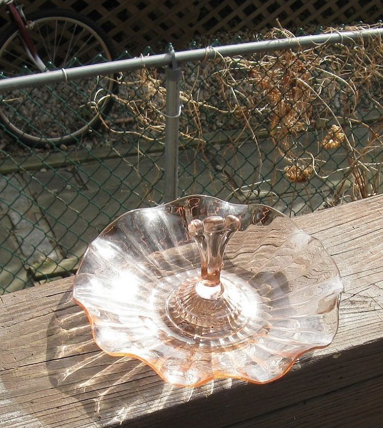 DEPRESSION GLASS CANDY DISH HANDLED FANCY PINK  