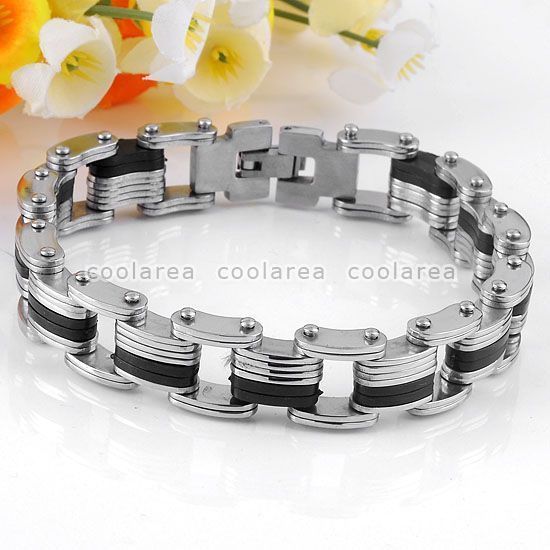 1PC Mens Punk Stainless Steel Black Rubber Chain Bangle Bracelet 8L 