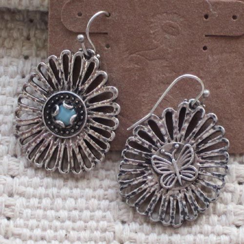 New Lucky Brand Hook Earrings Vintage Silver Tone Faux Stone Reversed 