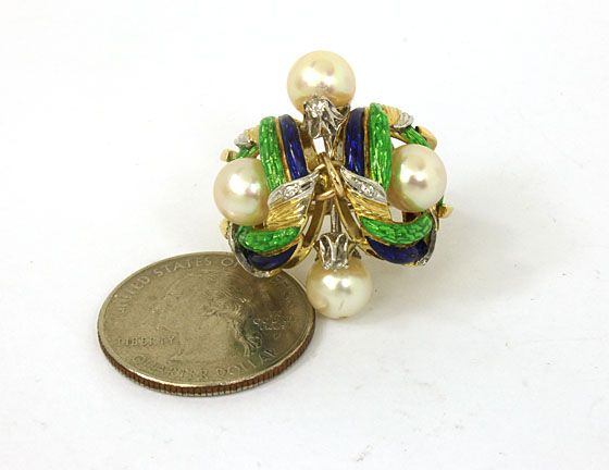 STYLISH VINTAGE 18K GOLD, DIAMOND & PEARL ENAMEL RING  