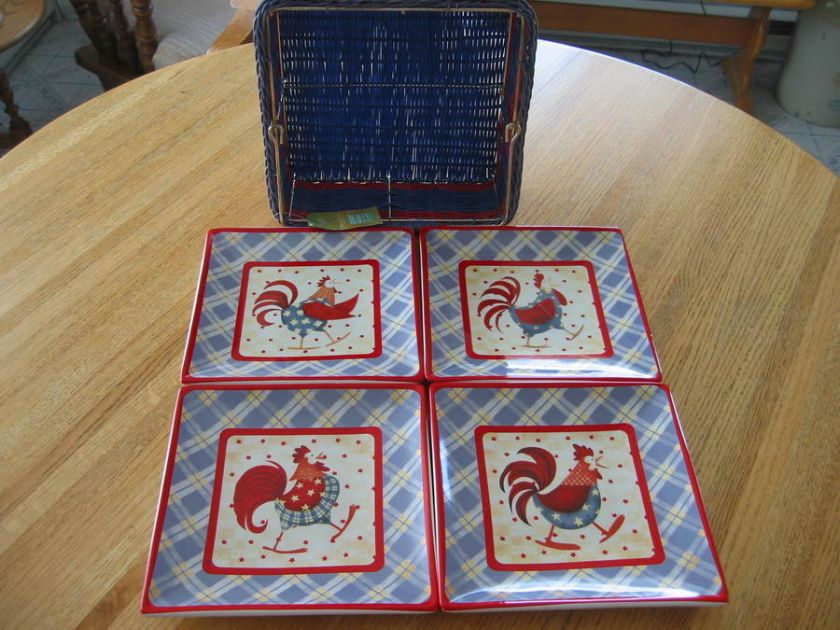 Debbie Mumm Rooster Dessert Plates w/Basket~Set of 4  