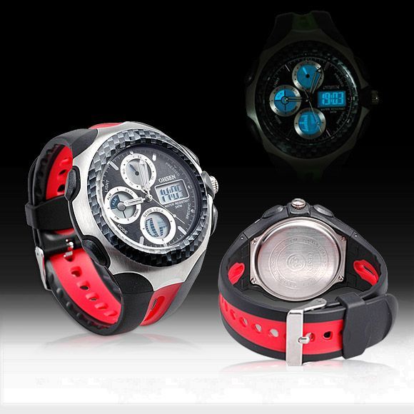 Original OHSEN Mens Dual Movement Calendar Alarm LED Silicone Sport 