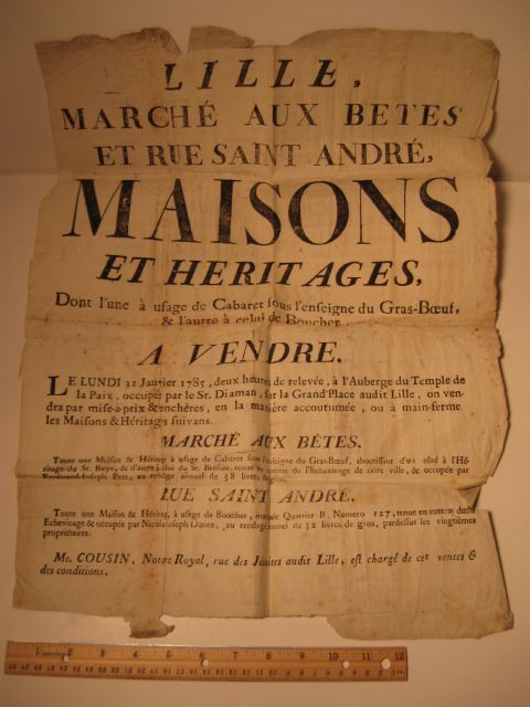 1785 RARE FRENCH ESTATE SALE BROADSIDE 16 x 20 Inches  