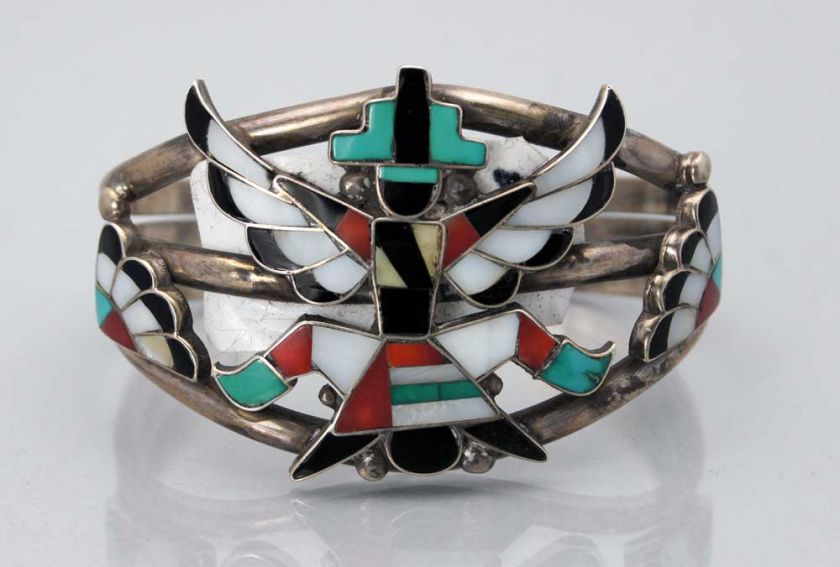 Vintage Zuni Indian Inlay MOSAIC KNIFEWING Silver Bracelet  FRANK 