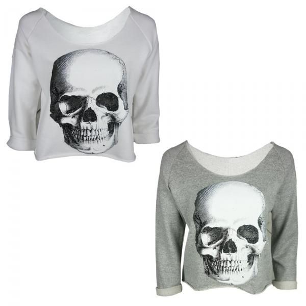   LONG SLEEVE SKULL PRINT WOMENS CROP TOP JUMPER KNITWEAR 8 14  