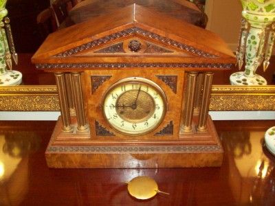 ANTIQUE MANTEL SHELF CLOCK BROWN & GOLD ORNATE DESIGN RARE FIND 