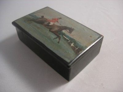 ANTIQUE GEORGIAN HAND PAINTED PAPIER MACHE SNUFF BOX HUNTING SCENE 