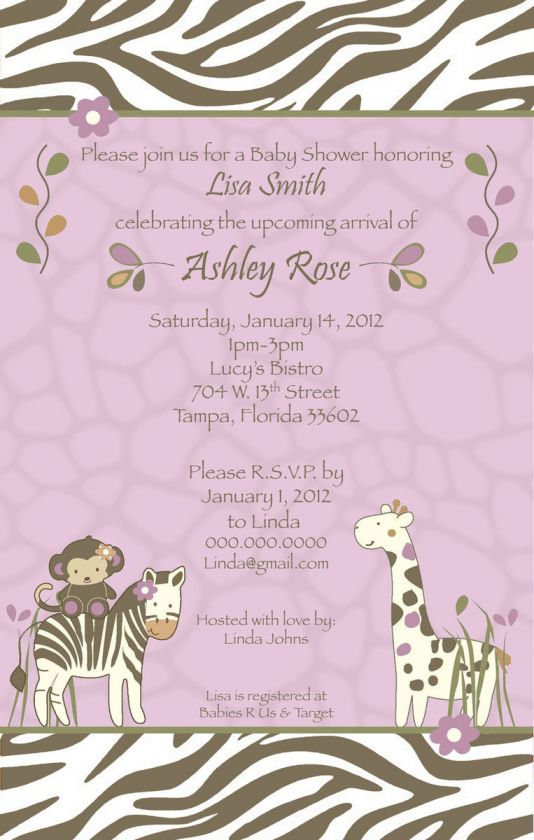 CoCaLo Jacana Girl Baby Shower Invitation   YOU PRINT   Zebra, Monkey 