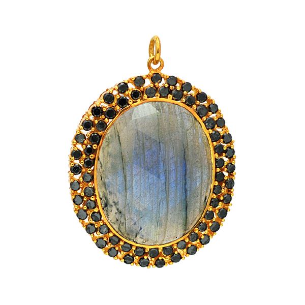 Black Diamond Labradorite Pendant 14K Yellow Gold Fine Jewelry Free 