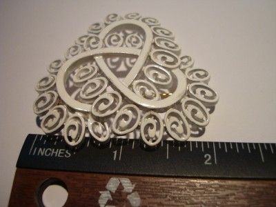 APPROX 2X 2 TRI WOVEN LACY ENAMEL ALL WHITE FILIGREE BROOCH SIGNED 