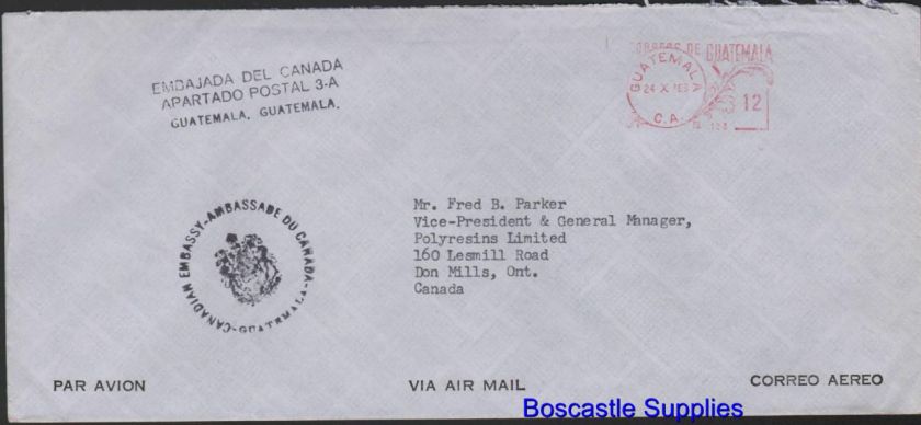 Guatamala Embassy to Don Mills Canada 1969 Air Mail Embassy Markings 