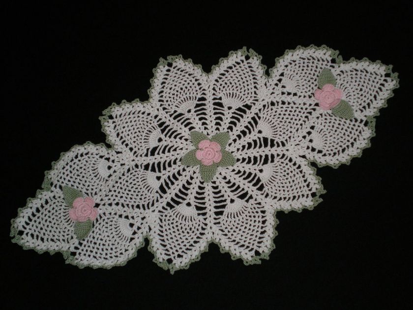 New Hand Crocheted Doily Pink Flowers & Leaves Pineapple  