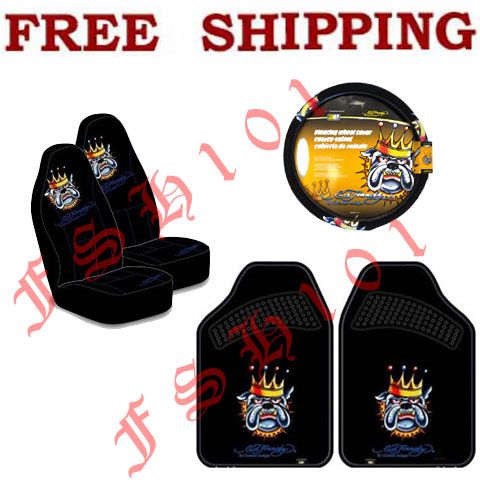 New Set Ed Hardy King Bulldog Seat Covers Steering Wheel Cover & Floor 