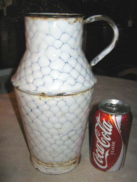 ANTIQUE CHICKEN FARM WIRE GRANITEWARE COUNTRY ART FLOWER MILK CAN PAIL 