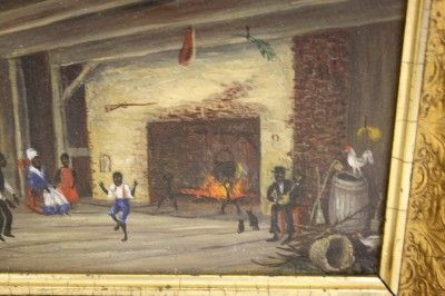 19C BLACK AMERICANA PAINTING INTERIOR CABIN SCENE PEOPLE DANCING 