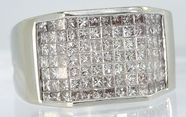   50CT SQUARE DIAMOND INVISIBLE SET MENS RING 14K WHITE GOLD  