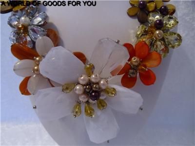   Precious Stones White, Orange, Brown Chunky Flower Statement Necklace