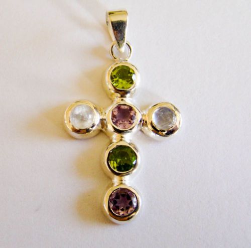 Sterling Silver Amethyst Peridot Cross Pendant 925  