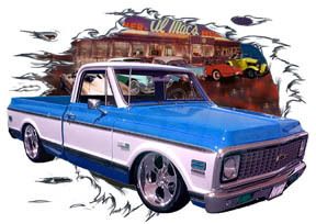 1972 Blue Chevy Pickup Truck c Hot Rod Diner T Shirt 72  