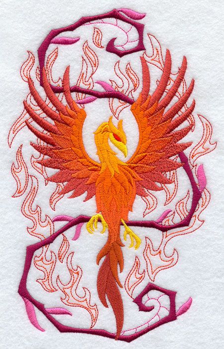 PHOENIX IN FLAMES  MACHINE EMBROIDERED QUILT BLOCK(AZEB  