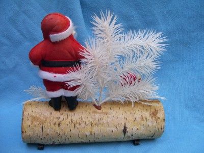 VINTAGE FLOCKED SANTA ON 10 BIRCH BRANCH YULE LOG WHITE PLASTIC 