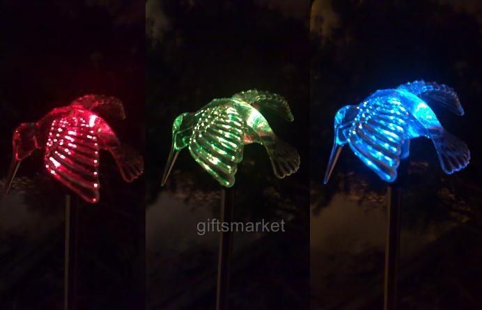 Set of 3 Multi Color Solar Light Hummingbird Garden Stakes NEW