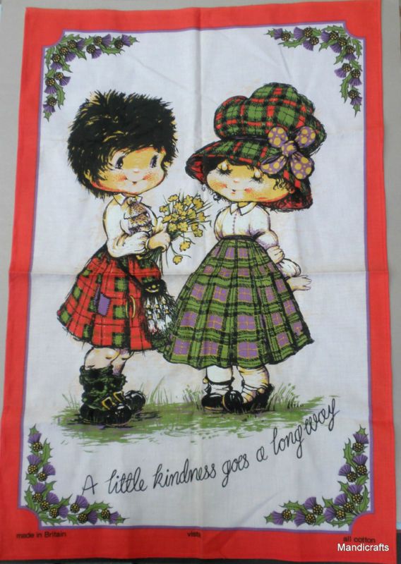 TEA Dish TOWEL Vtg BRITAIN Scottish Kids in Kilts KINDNESS GOES a LONG 