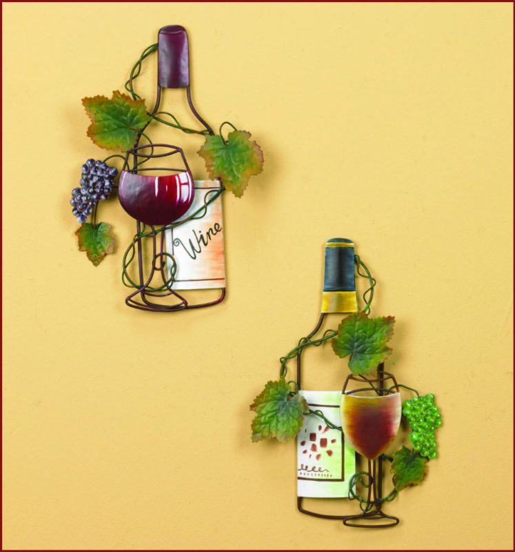 Wine Wall Art Decor Metal Wine Bottle & Glass Set of 2  